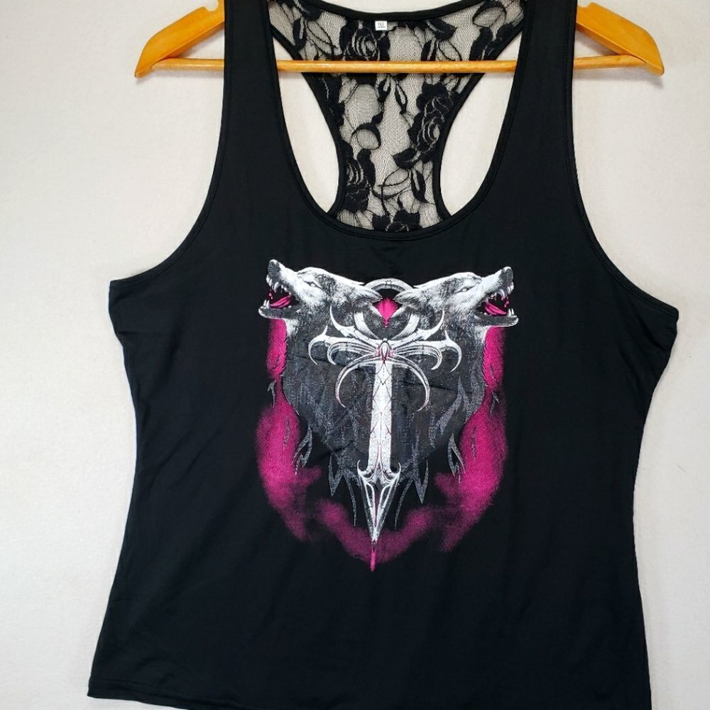 Cute Black Racerback Tank with Wolves Sz 2XL